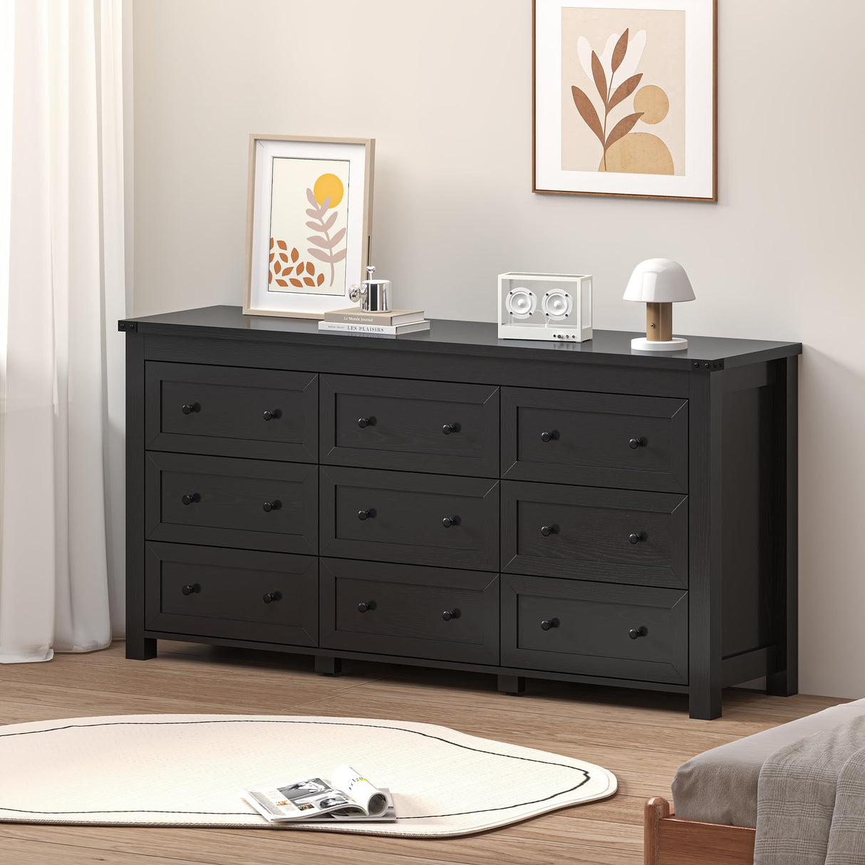 BORNOON 9-Drawer Dresser for Bedroom, Modern Wide Chest of Drawers, Wooden Storage Organizer for Closet, Living Room, Entryway, Home Office, Black Dresser with Ample Storage BORNOON