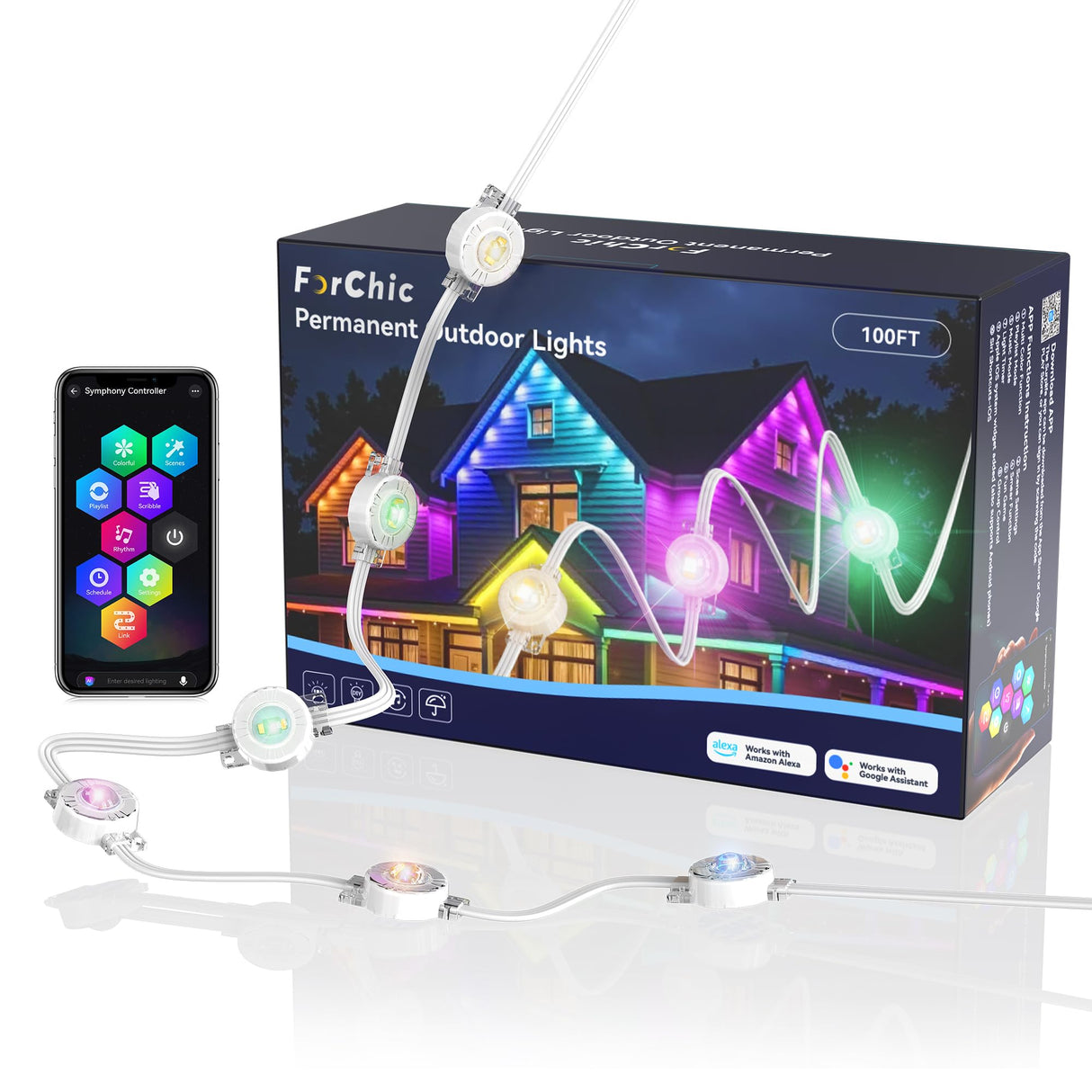 Permanent Outdoor Lights, 100ft RGBICWWPW Christmas Lights with 72 Triple-LED, IP67 Waterproof, 45lm Tunable White for Christmas Decorations, Daily and Holiday, Works with Alexa, Google Assistant ForChic