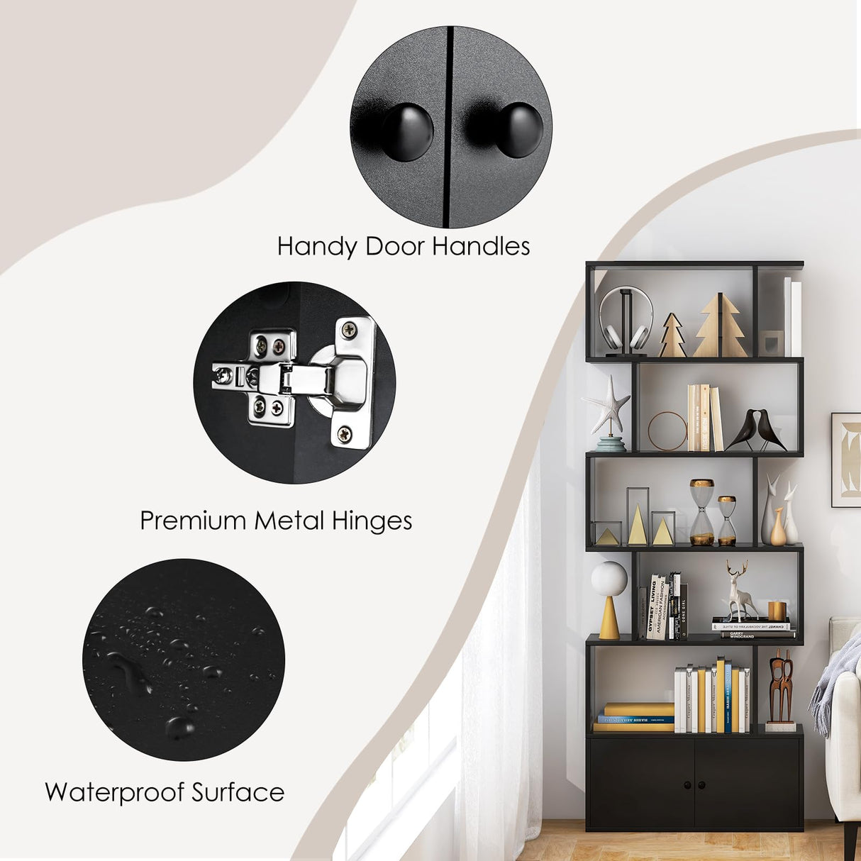 Tangkula Geometric S-Shaped Bookshelf with Cabinet - 6-Tier Freestanding Bookcase in Black for Home & Office Tangkula