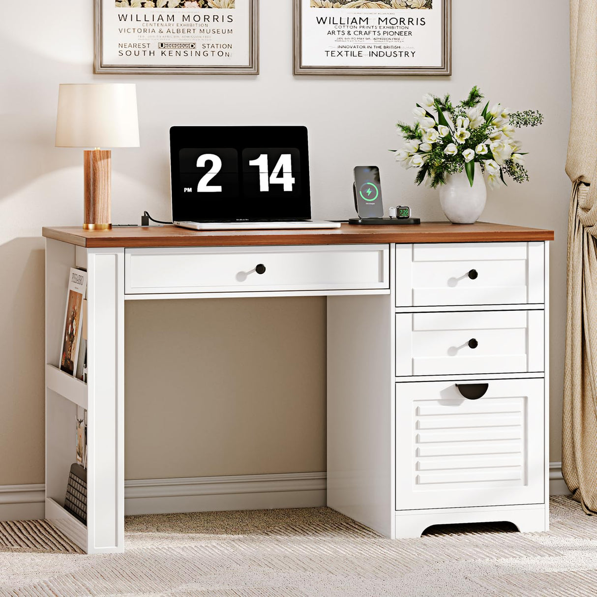 Ieejdn 47" Home Office Desks, Executive Desk, Farmhouse Computer Desk with Drawers and Charging Station, File Drawer, Storage Cabinet, Rustic Computer Writing Desk,Antique White Ieejdn