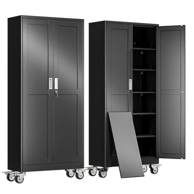 erosoei 75" H Metal Garage Storage Cabinet, Rolling Tool Cabinet with 2 Doors and Wheels, Locker Steel Cabinet with 5 Adjustable Shelves, Organization Cabinet for Garage,Office,Home,Gym,School(Black)