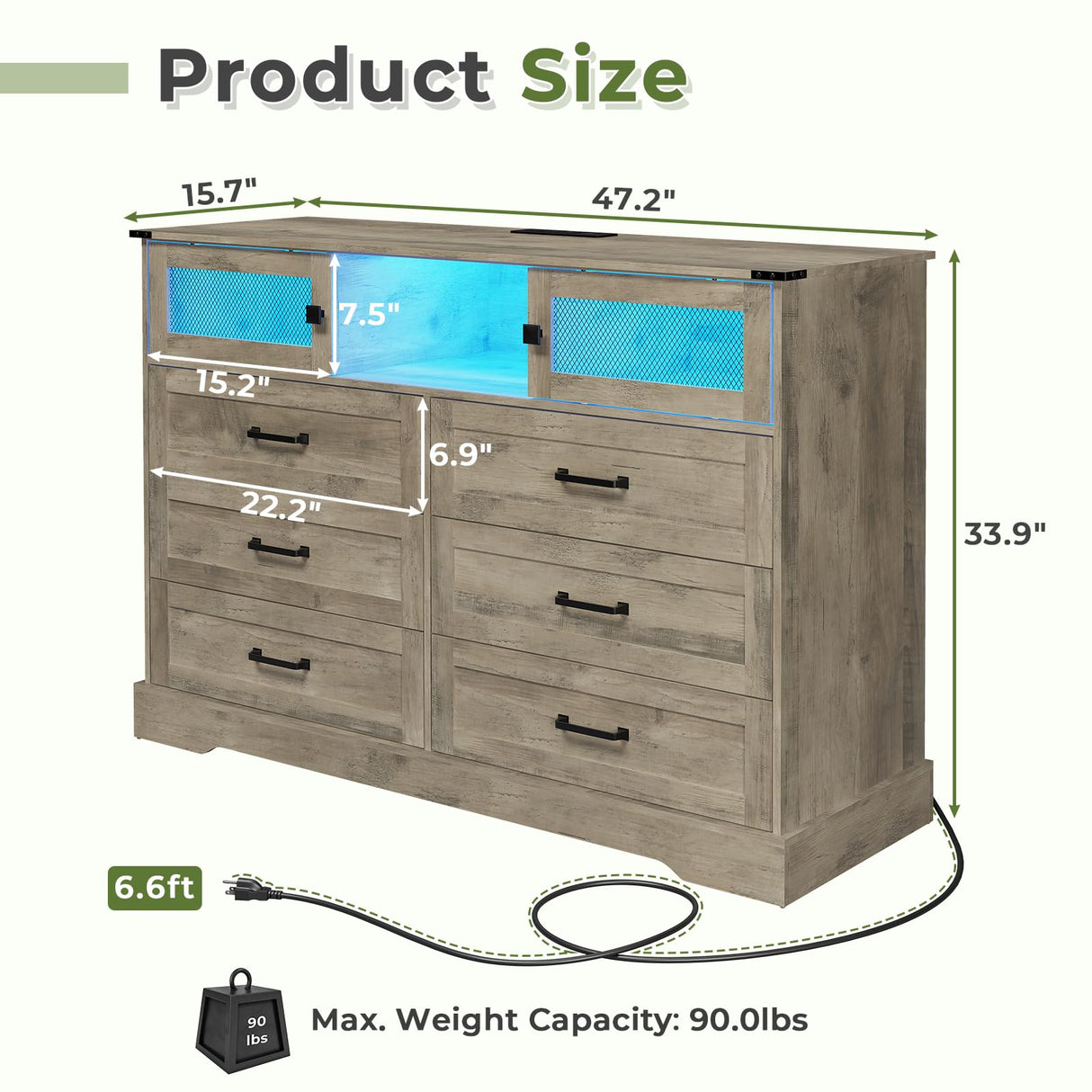 Hasuit 6 Drawers Dresser with LED Lights and Charging Station, Farmhouse Chest of Drawers Closet Organizer, Clothes Storage Cabinet Double Dressers for Bedroom, Living Room, Hallway, Rustic Oak Hasuit