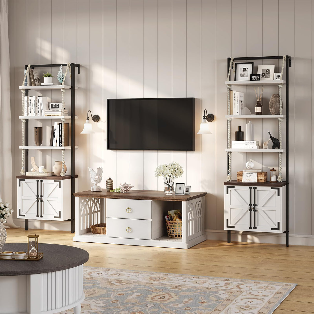 JOINICE,Farmhouse Bookshelf with Storage,71" Tall Industrial Bookcase with Shelves and Cabinet,5 Tier,Wall Mounted Ladder Shelf with Display Rack for Bedroom,Living Room,White JOINICE