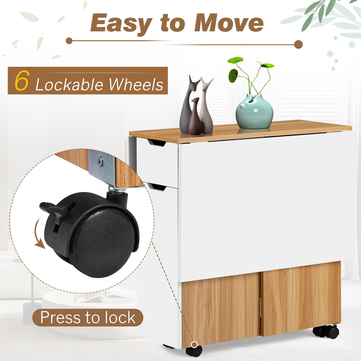 UPHYB Folding Dining Table, Drop Leaf Dining Table with Lockable Wheels, Space Saving Extendable Dinner Table with Storage, Kitchen Table for Small Spaces (White and Wood Grain) UPHYB