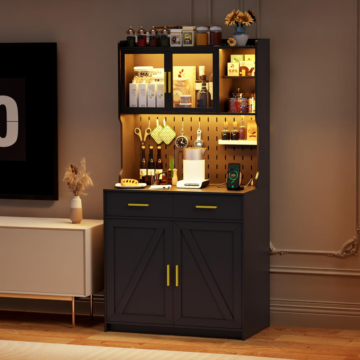 MDGC LED Kitchen Pantry Cabinet with Outlets, Farmhouse Storage Cabinet with Drawers & Adjustable Shelves, 64" Tall Cupboard with Pegboard & Hooks for Dining Room (Black) MDGC