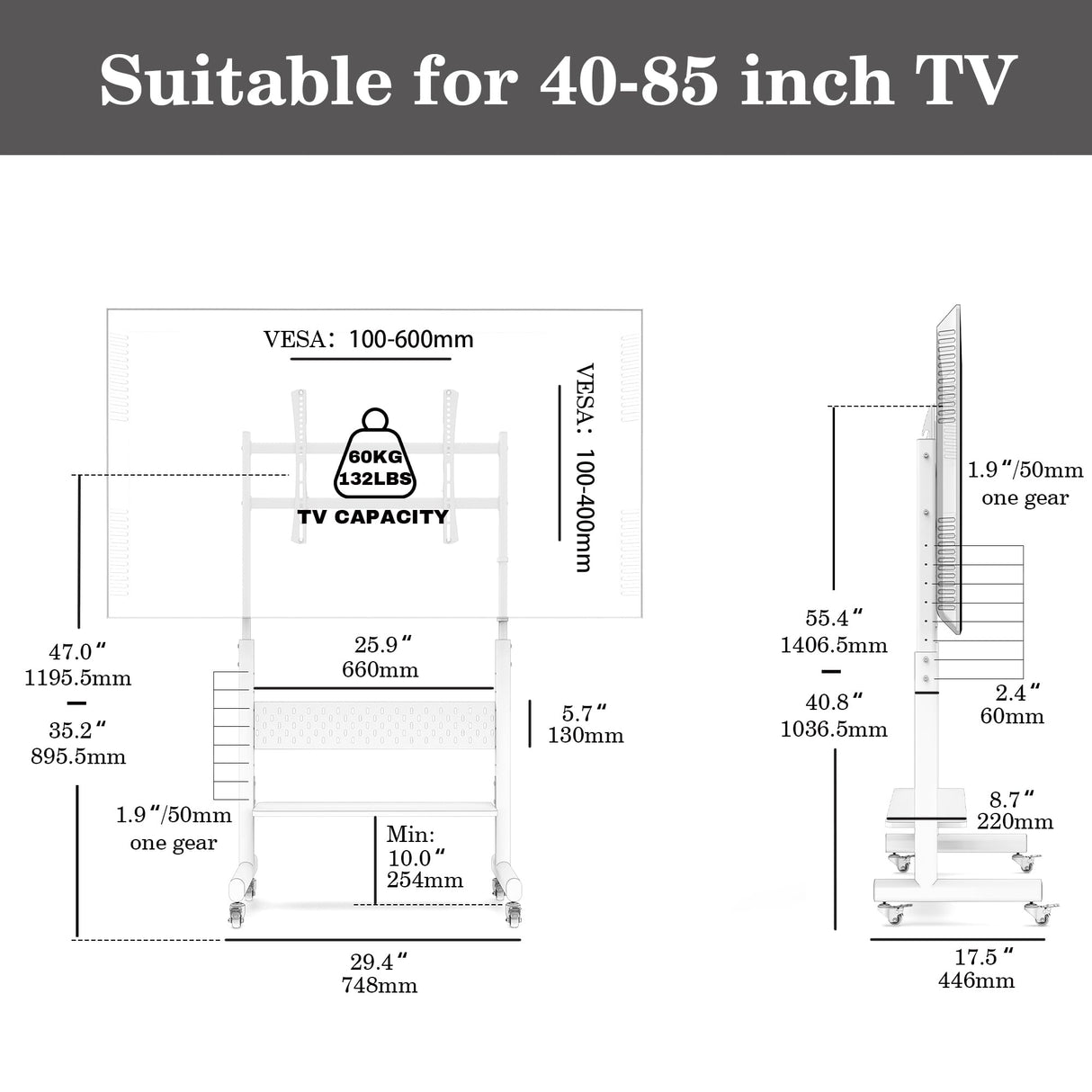 FITUEYES Rolling TV Stand for 40-85inch TV, Portable TV Stand with Wheels Holds up to 132 LBs, Height Adjustable Mobile TV Cart with Multifunctional Storage for Office, Living Room, Bedroom FITUEYES