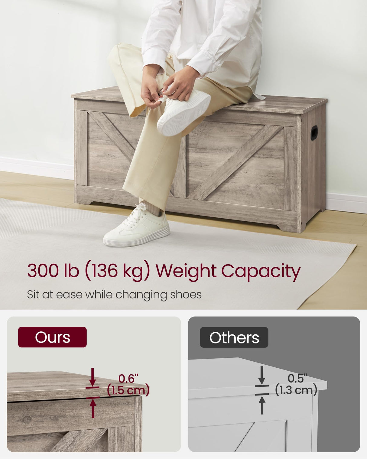 VASAGLE Storage Chest, Storage Trunk with 2 Safety Hinges, Storage Bench, Shoe Bench, Farmhouse Style, 15.7 x 39.4 x 18.1 Inches, for Entryway, Bedroom, Living Room, Heather Greige ULSB060K03 VASAGLE