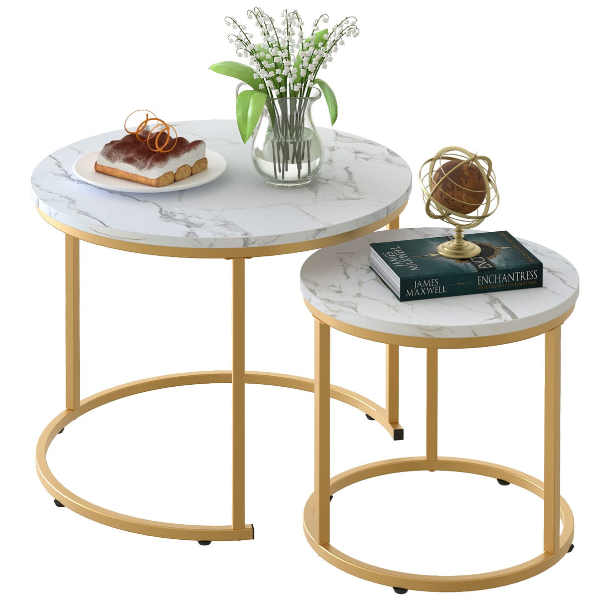 aboxoo Coffee Table Nesting White Set of 2 Side Set Golden Frame Circular Round and Marble Pattern Wooden Tables, Living Room Bedroom Apartment Modern Industrial Simple Nightstand aboxoo