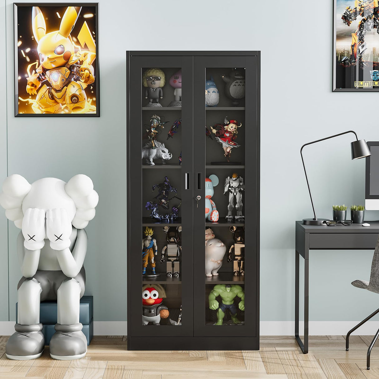 Anxxsu Display Cabinet with Glass Doors, Display Case Cabinet for Collectibles, Curio Display Cabinet with 4 Adjustable Shelves, 71" Glass Display Cabinet for Home Living Room (Black) Anxxsu