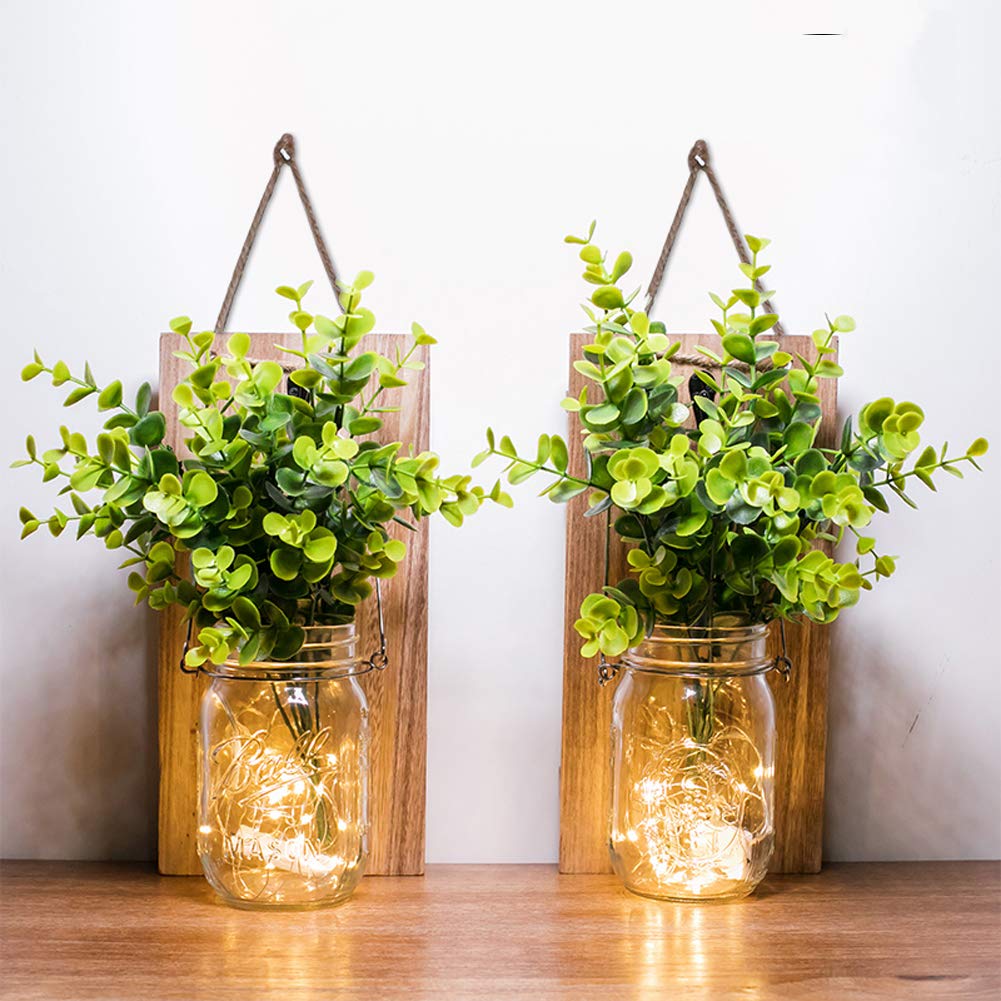 Rustic Wall Sconces, Mason Jar Sconces, Farmhouse Home Decor, LED Fairy Lights, Green Fake Plant, Interior Decoration Warm Toned Lighting. (2 Pack) ECTY