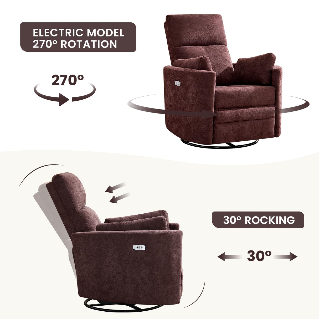 Power Swivel Glider Rocking Recliner,Electric Recliner Upholstered Nursery Chair Adult Rocking Chair with 2 Pillows for Living Room Bedroom(Coffee, Power-Driven) choairy