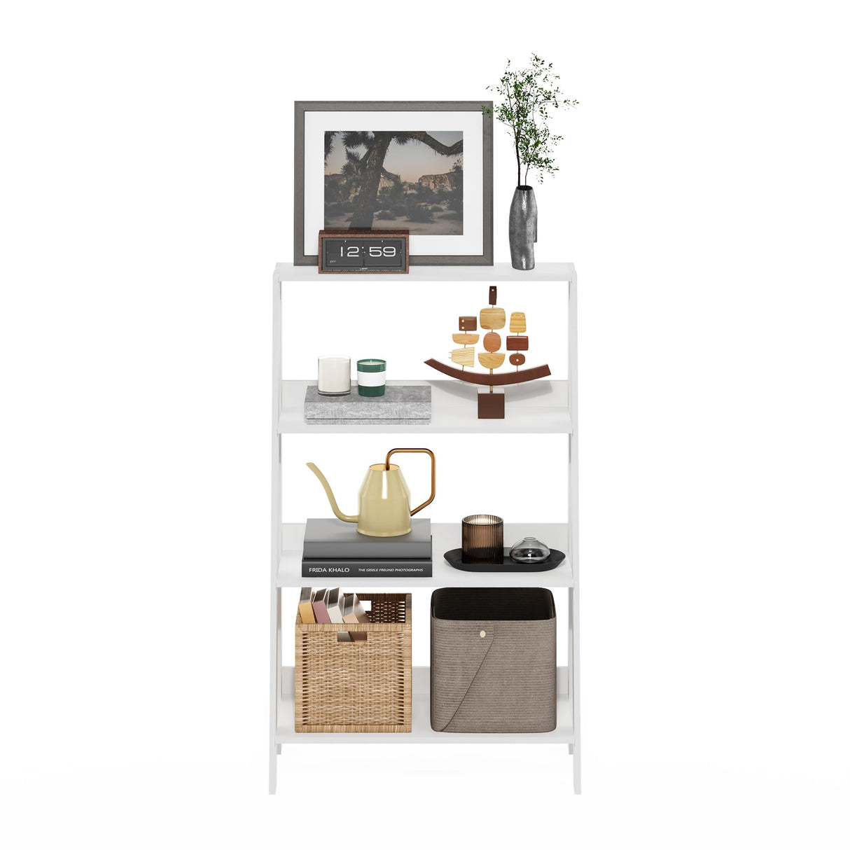 Furinno Ladder Bookcase Display Shelf, 4-Tier, White Furinno