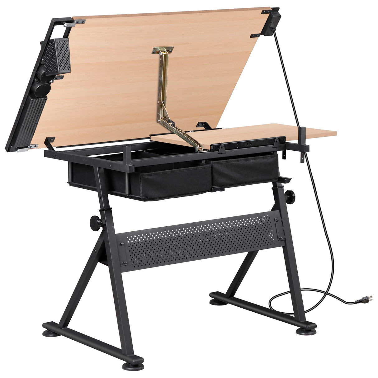 HomGarden Height Adjustable Drafting Desk Drawing Table Art Craft Work Station w/Stool, Power Outlet and Storage Drawers for Home Office Study Room, Natural HomGarden