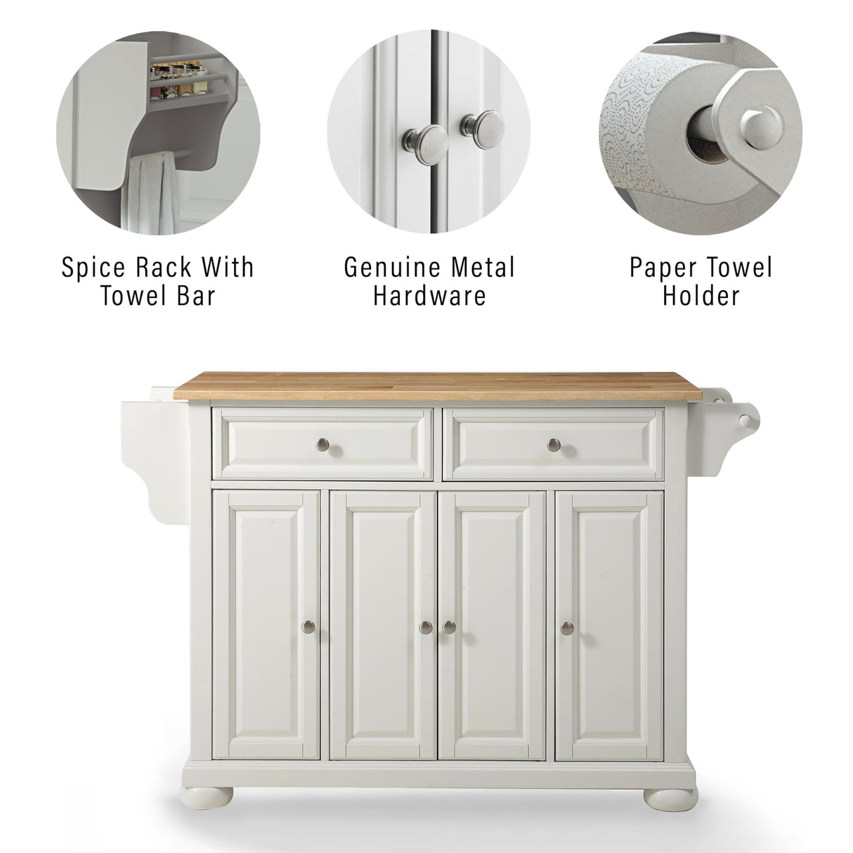 Crosley Furniture Alexandria Wood Top Rolling Kitchen Island Storage Cart, Microwave Stand, Spice Rack, White Crosley Furniture