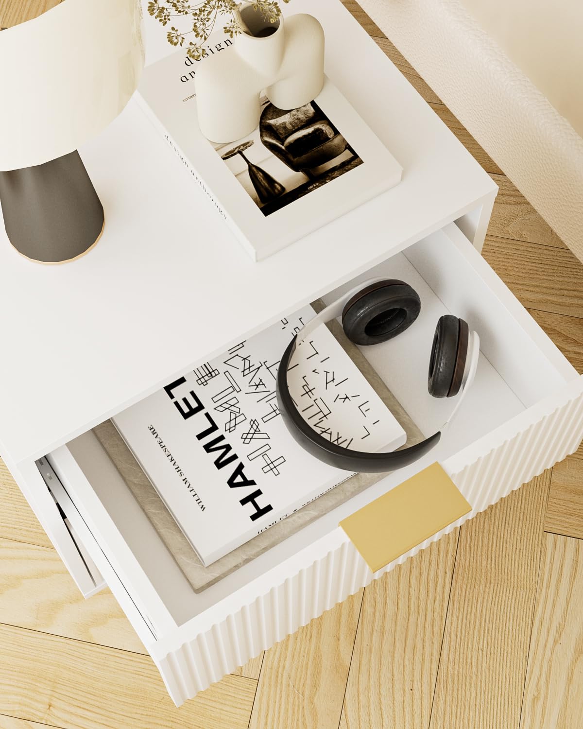 Aienvey Night Stand, Modern Nightstand with Drawers, Bedside Table, Gold Small Side Table for Bedroom, Living Room End Table (2 Drawers, White Stripe) Aienvey