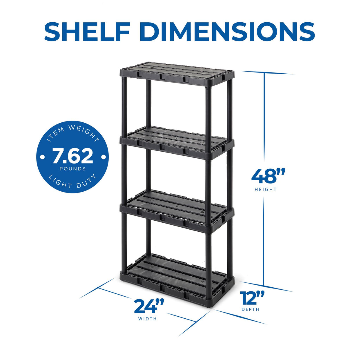 Gracious Living 4 Shelf Knect-A-Shelf Ventilated Light Duty Storage Unit 12 x 24 x 48 Organizer for Home, Garage, Basement & Laundry, Black Gracious Living