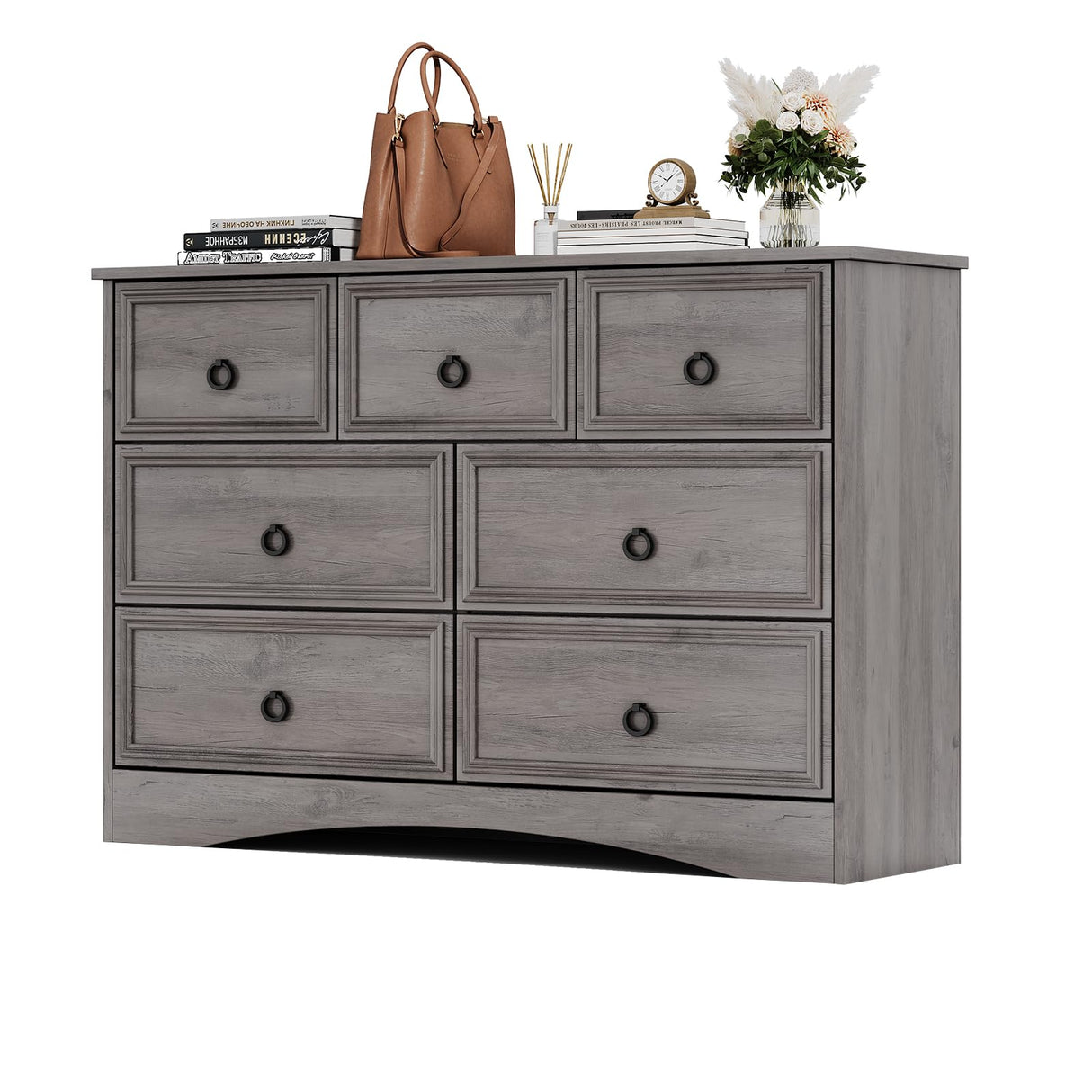 Modern 7 Drawer Dresser Gray Dressers for Bedroom, Wood Dresser with Drawers for Clothes Storage, 47" Long Dresser with Textured Borders Deep Drawer, Chest of Drawers Closet Organizers for Bedroom HolliWill