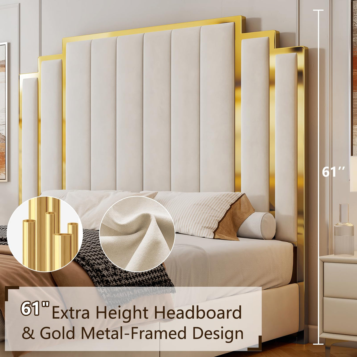 YUMPIE Queen Size Platform Bed Frame with 61" Extra Tall Headboard, Velvet Upholstered Bed with Golden Plating Trim, Wooden Slats/No Box Spring Needed/Noisy Free/Cream YUMPIE