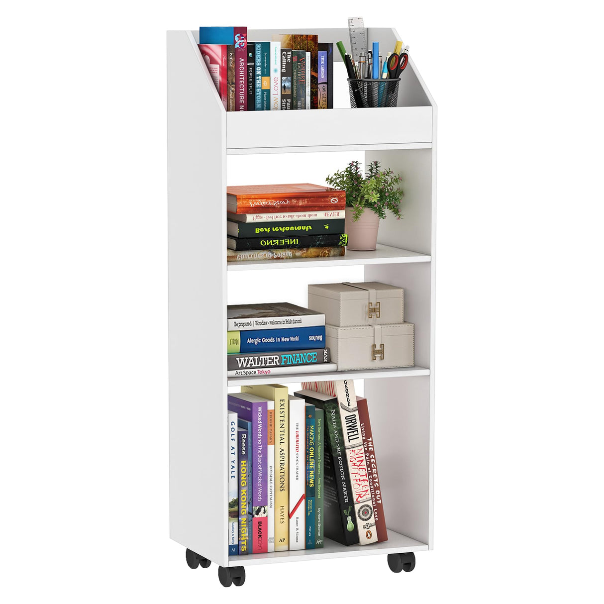 HAYOFAMY 4-Tier Mobile Bookshelf, White Bookcase with Wheels, Rolling File Holder Desk File Book Organizer for Home Office Living Room School HAYOFAMY