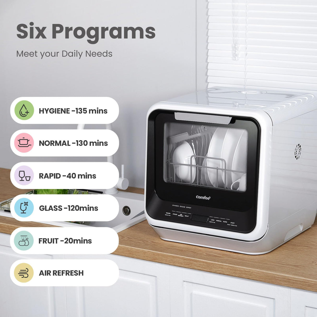 COMFEE' Portable Mini Dishwasher Countertop with 5L Built-in Water Tank for Apartments& RVs, No Hookup Needed, 6 Programs, 360° Dual Spray, 162℉ High-Temp& Air-Dry Function COMFEE'