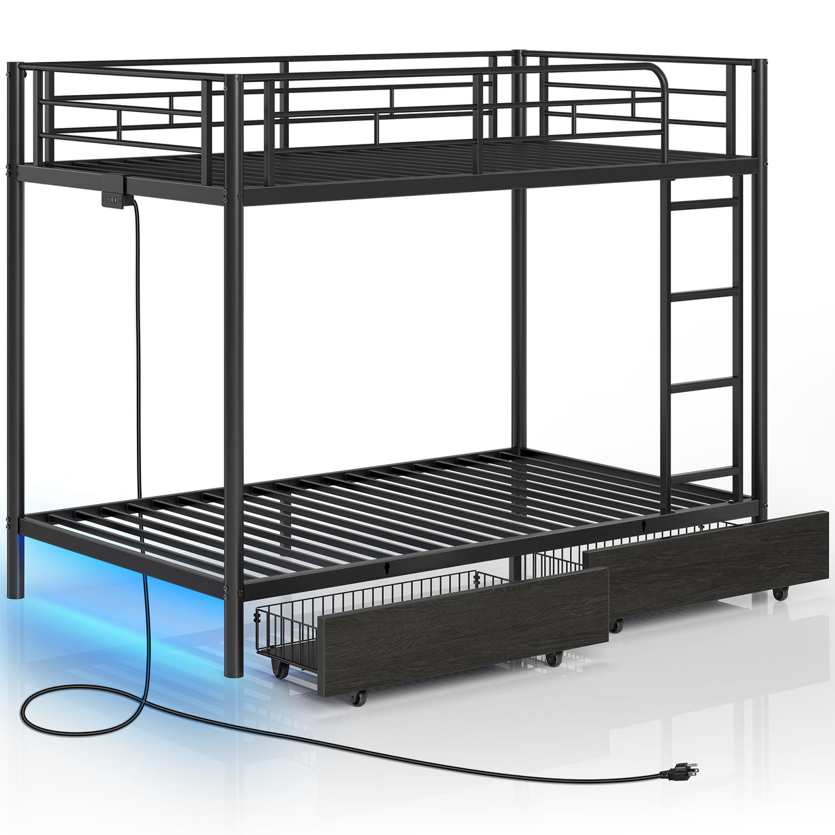 Rolanstar Metal Bunk Bed Twin Over Twin with USB Charging Station, LED Bunk Bed with 2 Storage Drawers, Bed with Safety Guardrail & Ladders, No Box Spring Needed, Easy Assembly, Black Rolanstar