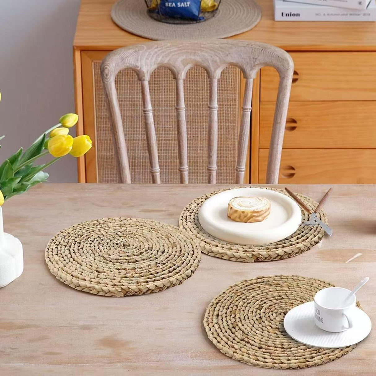6Pcs 12" Round Woven Rattan Placemats,Natural Hand-Woven Water Hyacinth Placemats,Farmhouse Weave Place Mats,Rustic Braided Wicker Table Mats (12inch Set of 6) PPB2K