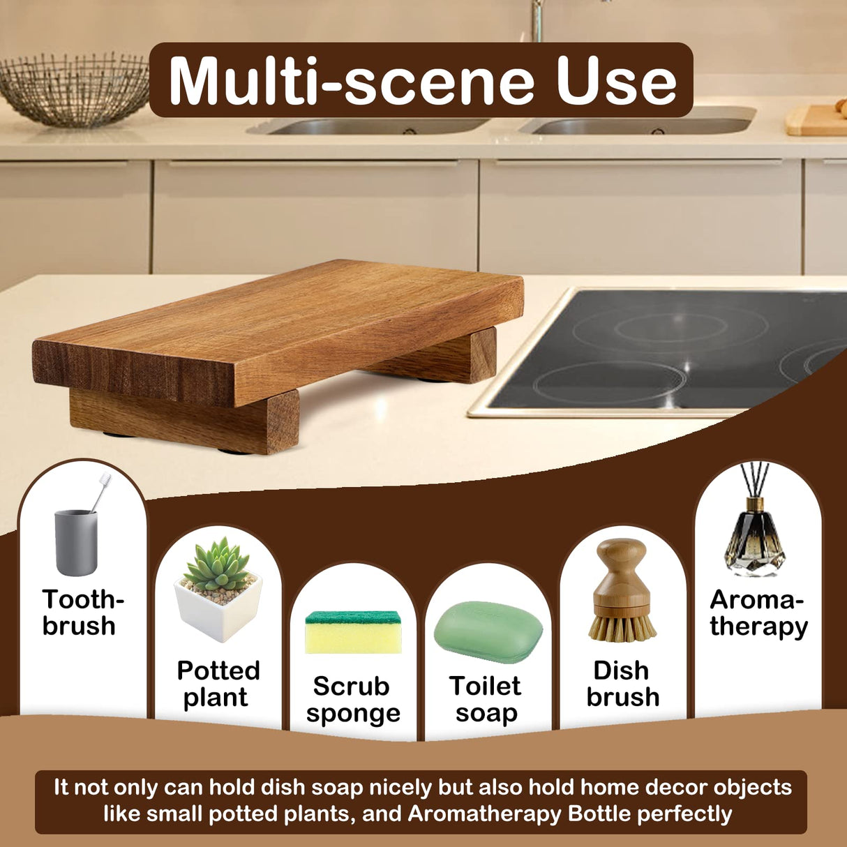 DEBETOOL Acacia Wood Riser Soap Tray,Wood Pedestal Soap Dish for Kitchen Counter Sink Stand,Natural Acacia Wooden Pedestal Tray for Bathroom Soap and Kitchen Soap Bottles,Plant DEBETOOL