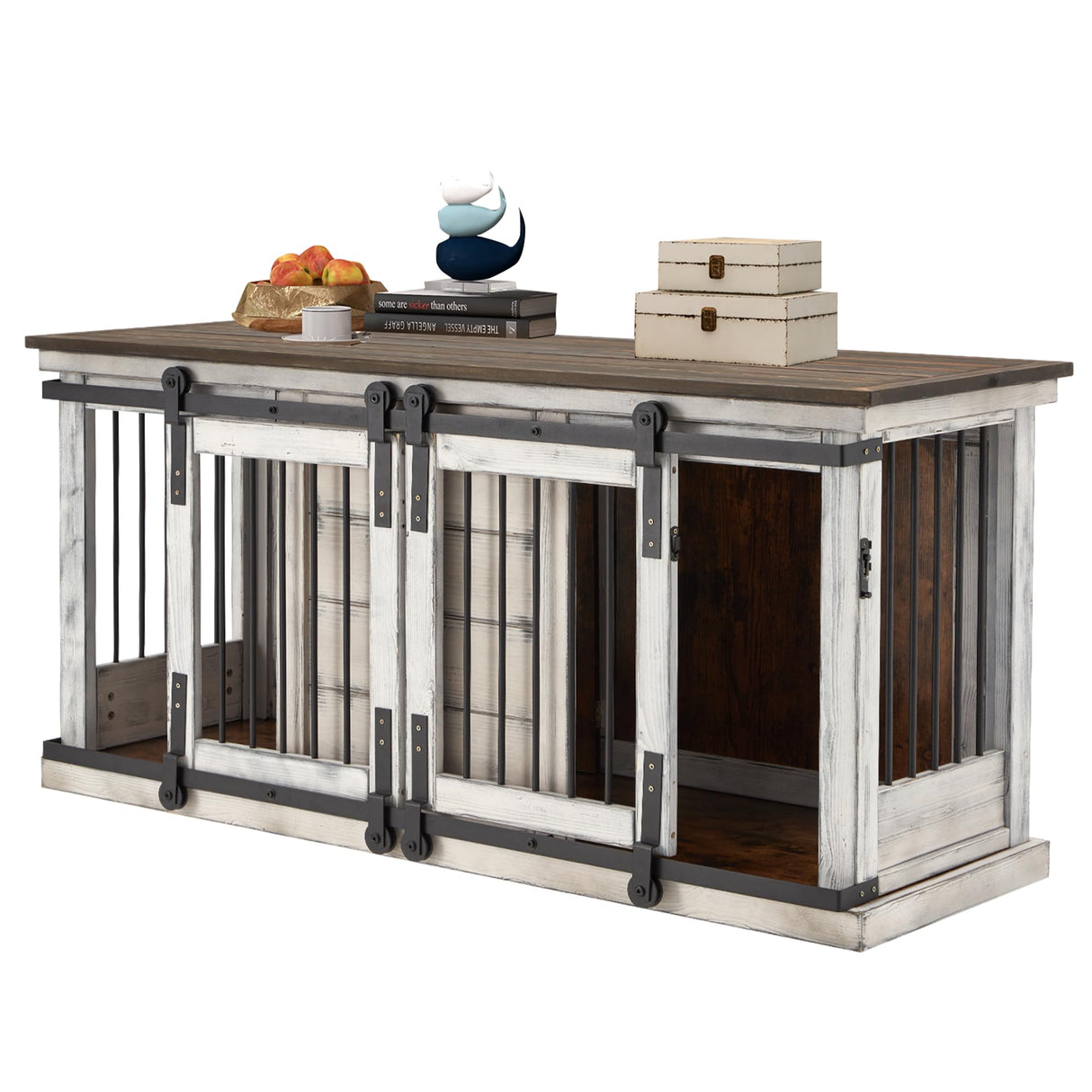 Erinnyees Large Dog Crate Furniture, 62.5'' Solid Wood Furniture Style Dog Crate with Removable Divider, Bite Resistant Dog Kennel Indoor, Dog Cage with Double Sliding Barn Door Design, White Erinnyees