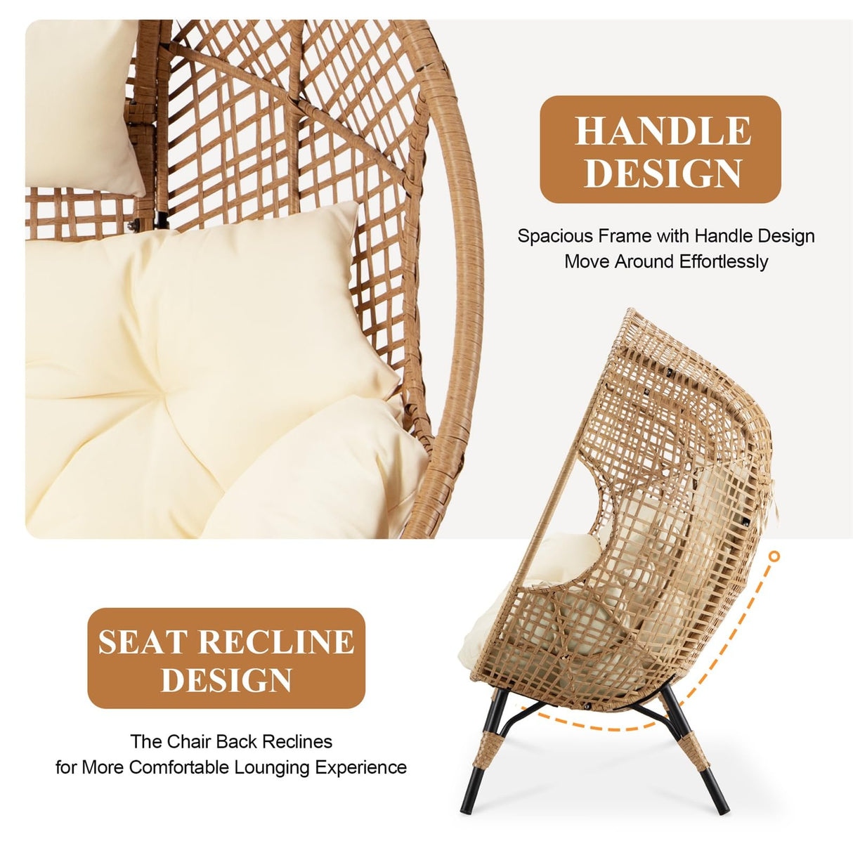 FINCATI Indoor Outdoor Double Egg Chair, 2 Person Oversized Wicker Rattan Stationary Lounge Chair with Legs, 680 lbs Loveseat Boho Egg Basket Chairs for Patio Garden Backyard Living Room Beige FINCATI