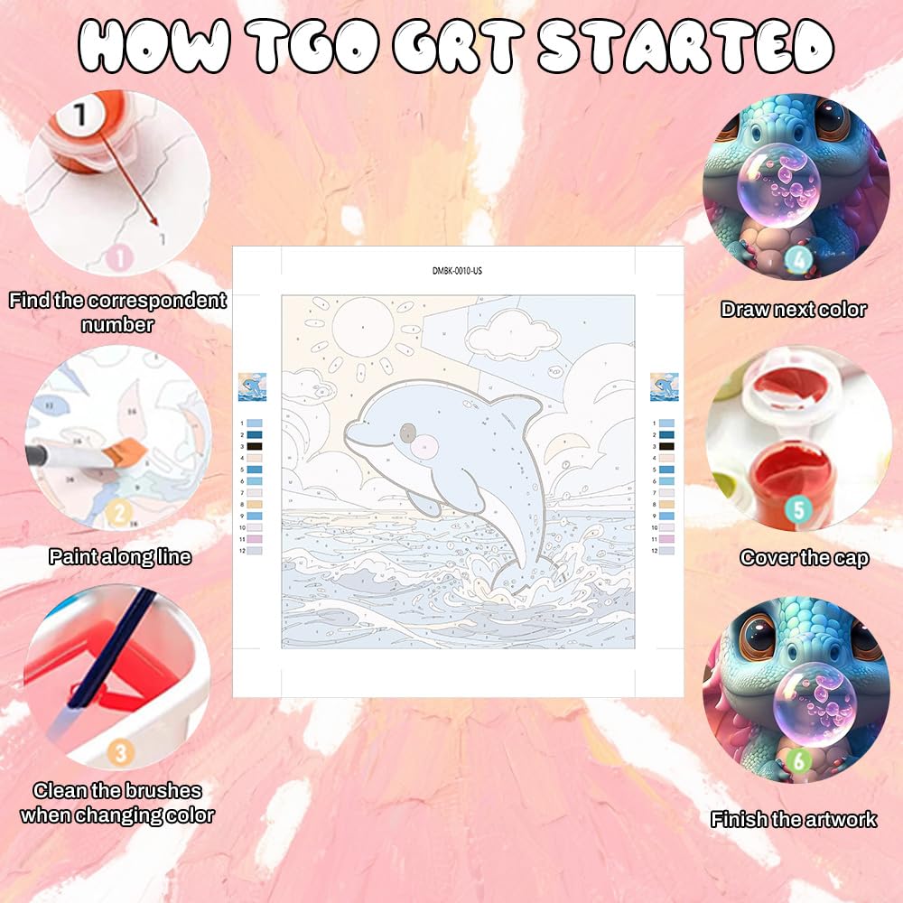 WEMEON Dolphin Paint by Numbers Kit for Kids with Frame and Easel, Easy Paint by Numbers Kits for Kids Ages 4-6, Small Painting by Number for Birthday Gift, Painting Party(10X10inch) WEMEON