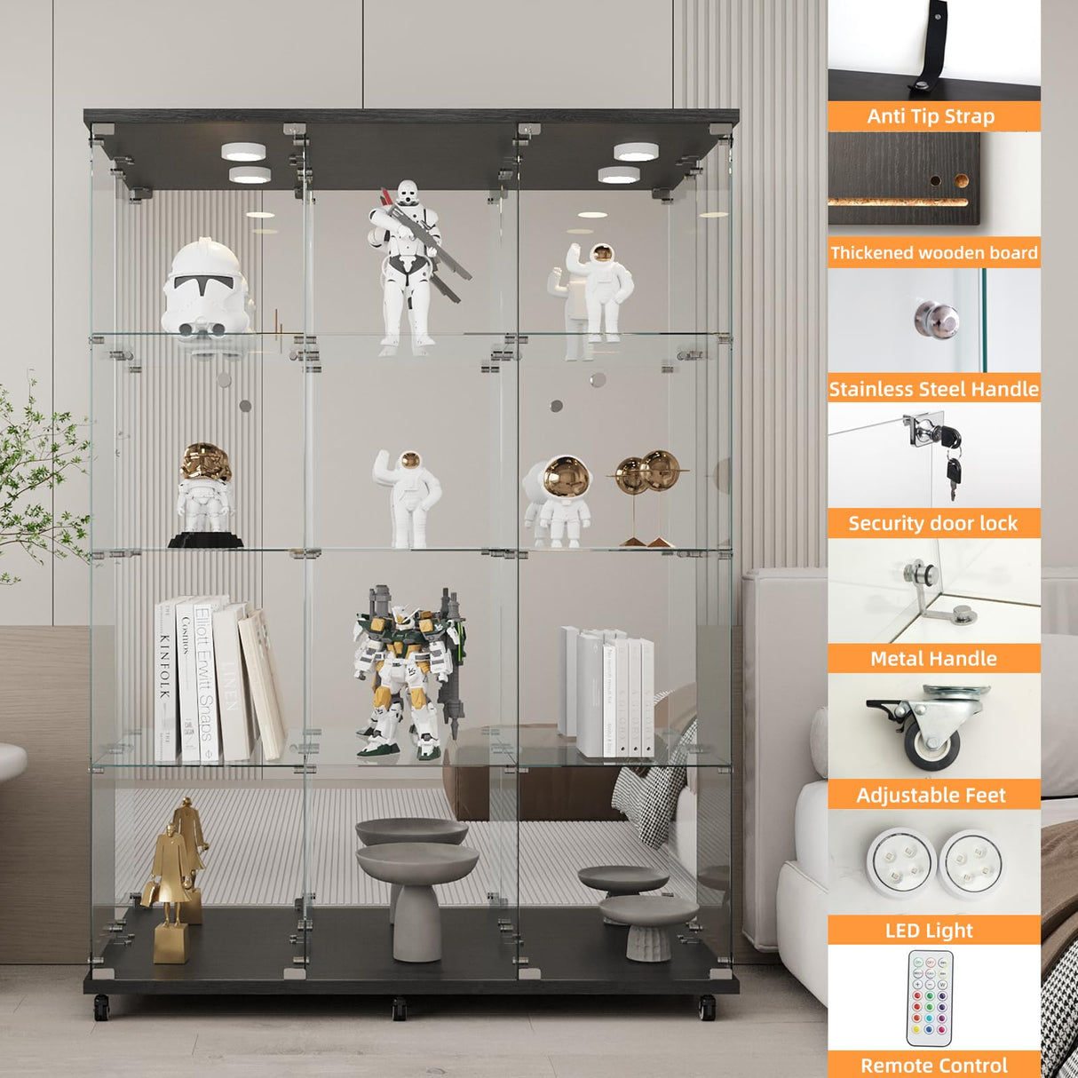 LFT HUIMEI2Y Glass Display Cabinet 12 Shelves with 3 Columns, LED Light, Mirror and Lock, Curio Cabinets Quick-Install Style Tempered Glass Floor Standing Bookshelf for Living Room, Kitchen Black LFT HUIMEI2Y