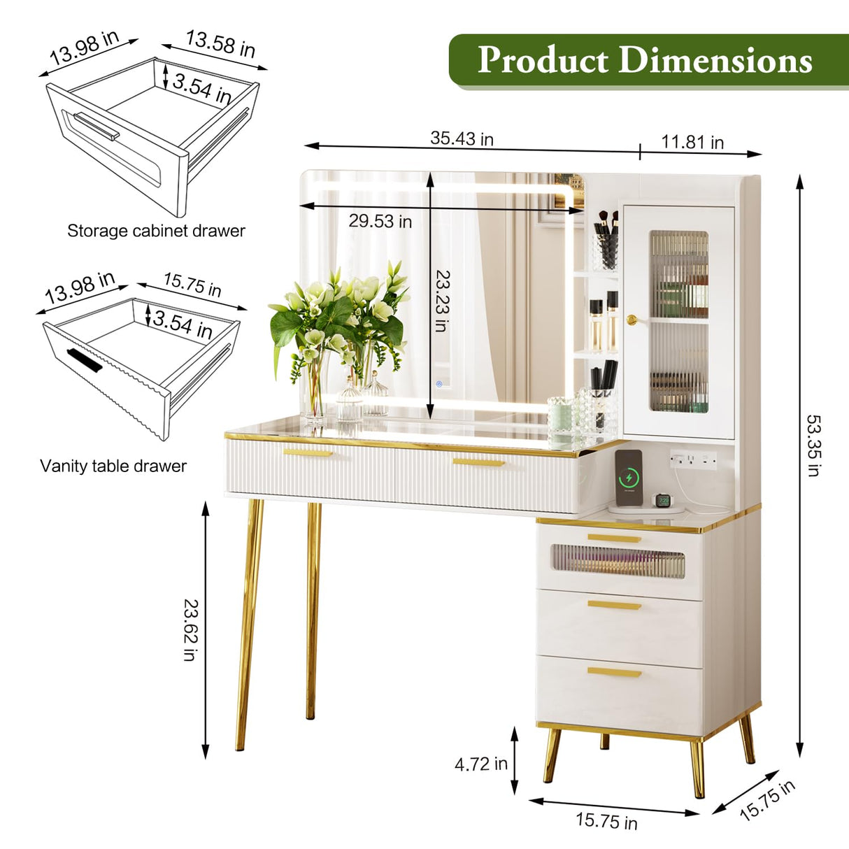 Chrangmay 47.24" Big Modern Vanity Desk with Mirror and Lights,Makeup Vanity Desk with 5 Drawers and Storage Shelves & Power Outlet,Dressing Table with Glass Top, White Chrangmay