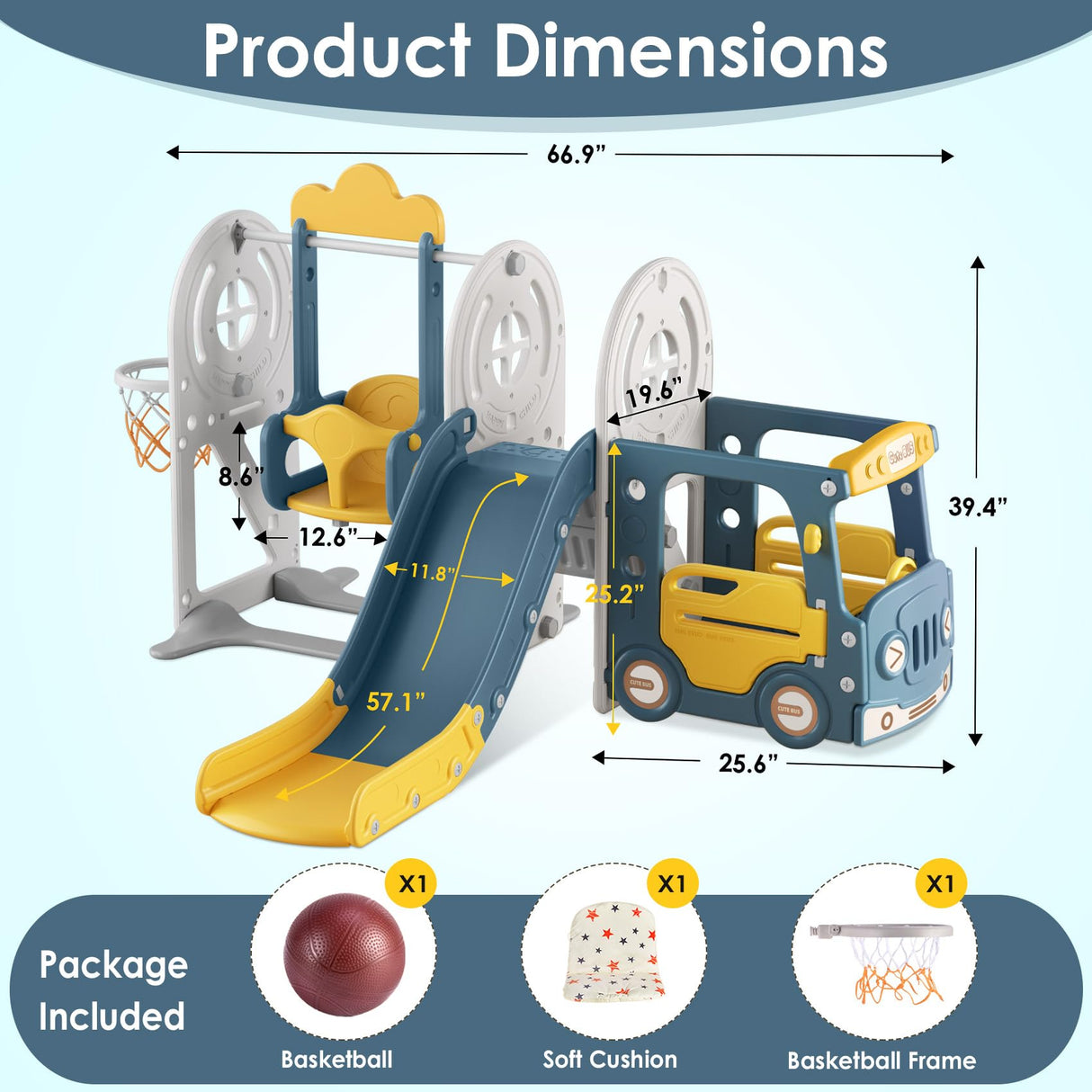 BIERUM Toddler Slide for Toddlers Age 1-3 with Basketball Hoop and Swing, Baby Slide for Kids Ideal Gift, Indoor Outdoor Backyard Playground Blue Yellow BIERUM