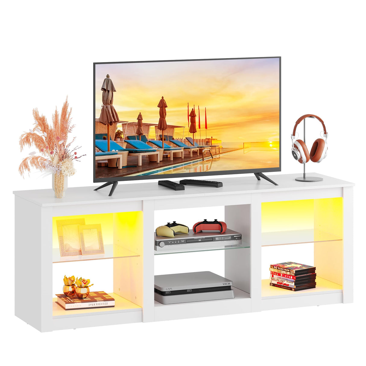 WLIVE LED TV Stand for 65 Inch TV, Modern Entertainment Center with Adjustable Glass Shelves & Customizable LED Lights, Sturdy Media Console for Living Room, Bedroom,Gaming (White) WLIVE