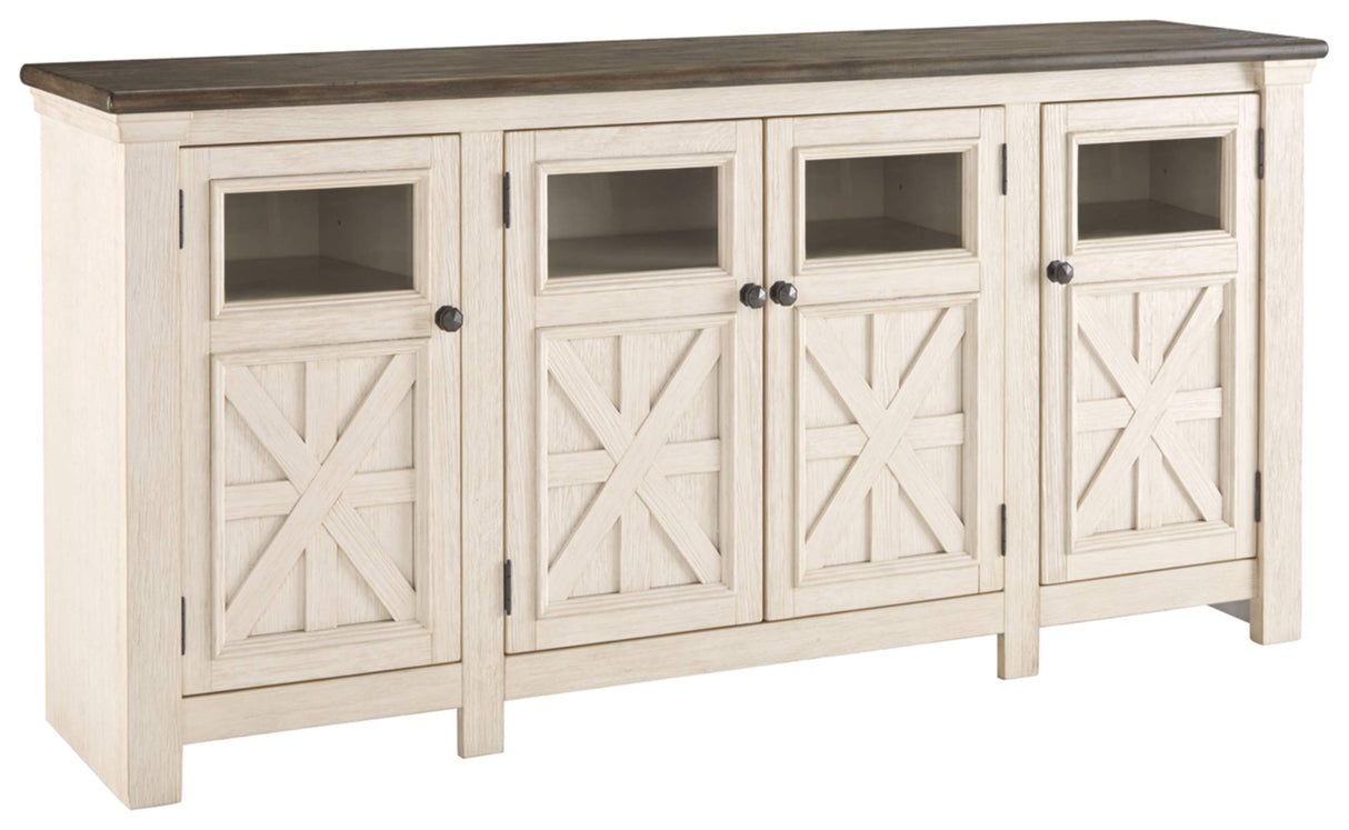 Signature Design by Ashley Bolanburg Two Tone Farmhouse TV Stand, Fits TVs up to 72", 3 Cabinets and Adjustable Storage Shelves, Whitewash Signature Design by Ashley