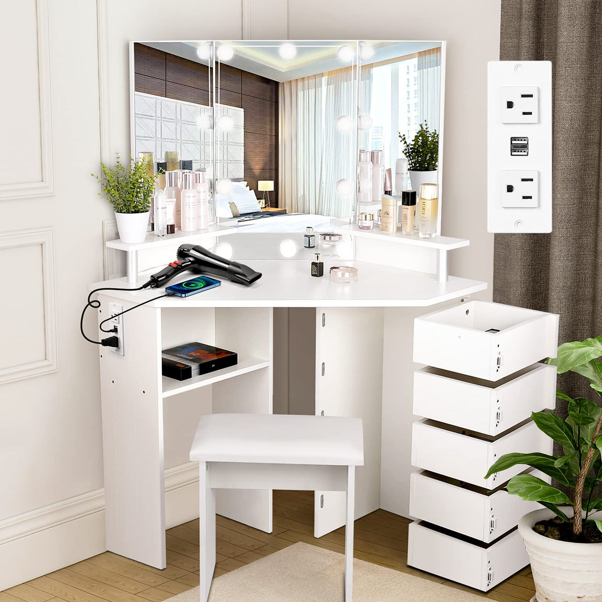 VOWNER Vanity with Lights - Makeup Vanity Desk with Power Outlet, 3 Color Lighting Options Brightness Adjustable, Vanity Table with 5 Rotating Drawers, Shelves and Stool for Bedroom, White VOWNER