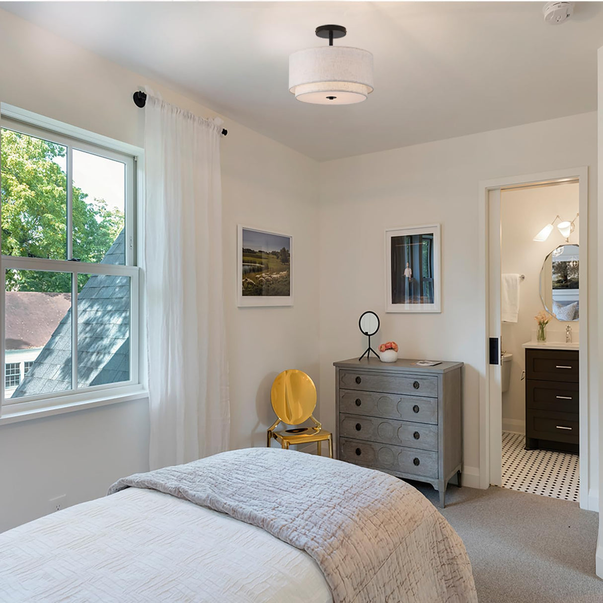 Vexagyle 12.6inch Flush Mount Ceiling Light Fixture,3-Light Modern Close to Ceiling Light with 2-Layer Linen Fabric Shade,Farmhouse Drum Ceiling Mount Lamp for Bedroom Hallway Living Room Vexagyle