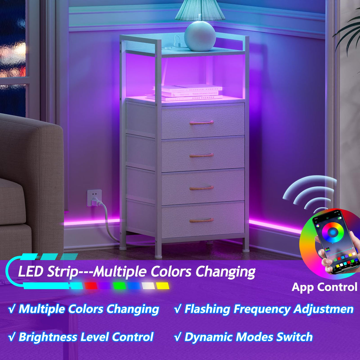 Furnulem White LED Nightstand with 4 Drawers, Charging Station, and Sturdy Metal Frame Furnulem