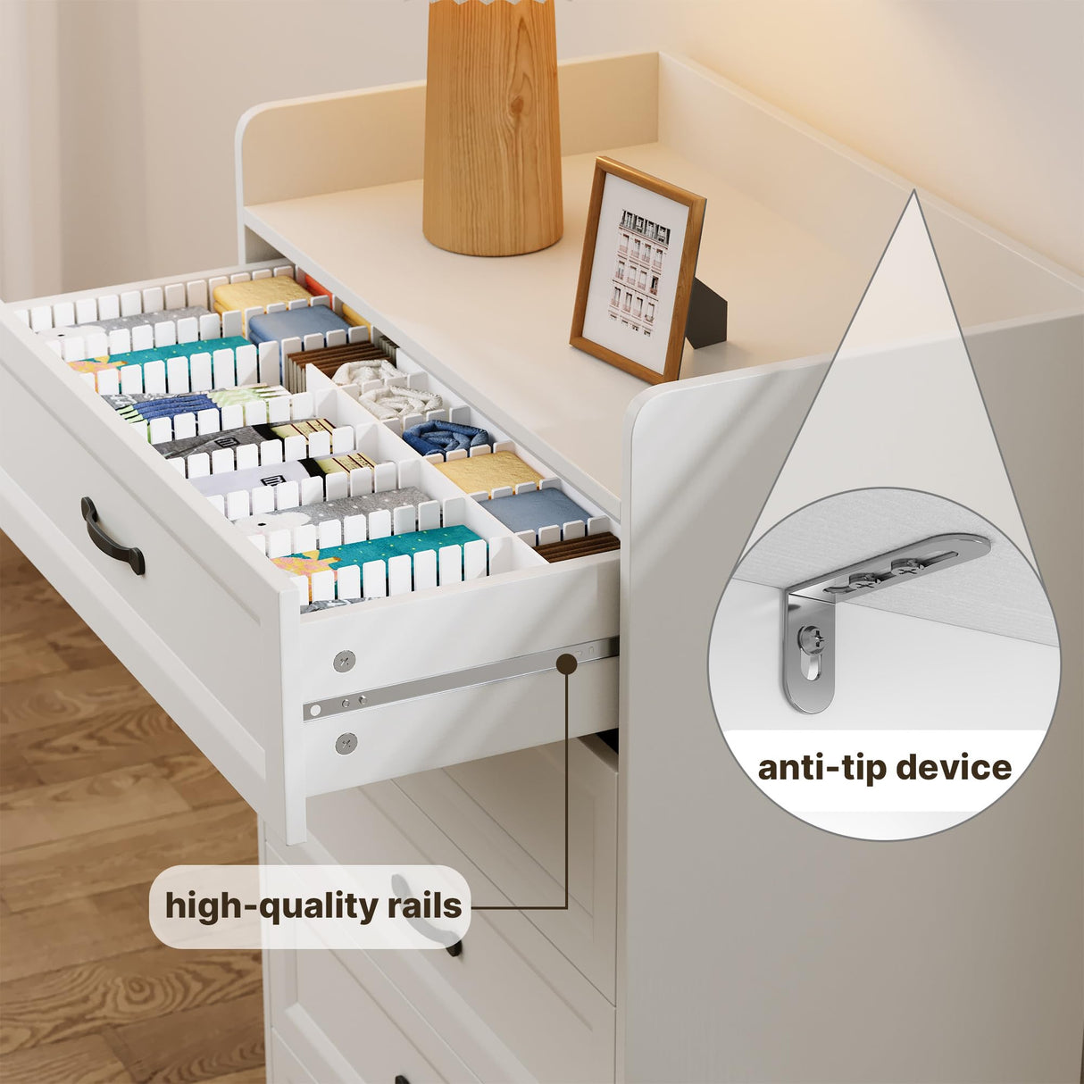 Gizoon 5 Drawers Dresser, 44.3" H Dresser for Bedroom, Chest of Drawers with Large Storage Capacity, Modern 5 Drawer Chest with Smooth Rail, Handles, Anti-tilt Device, for Hallway, Living Room, White Gizoon