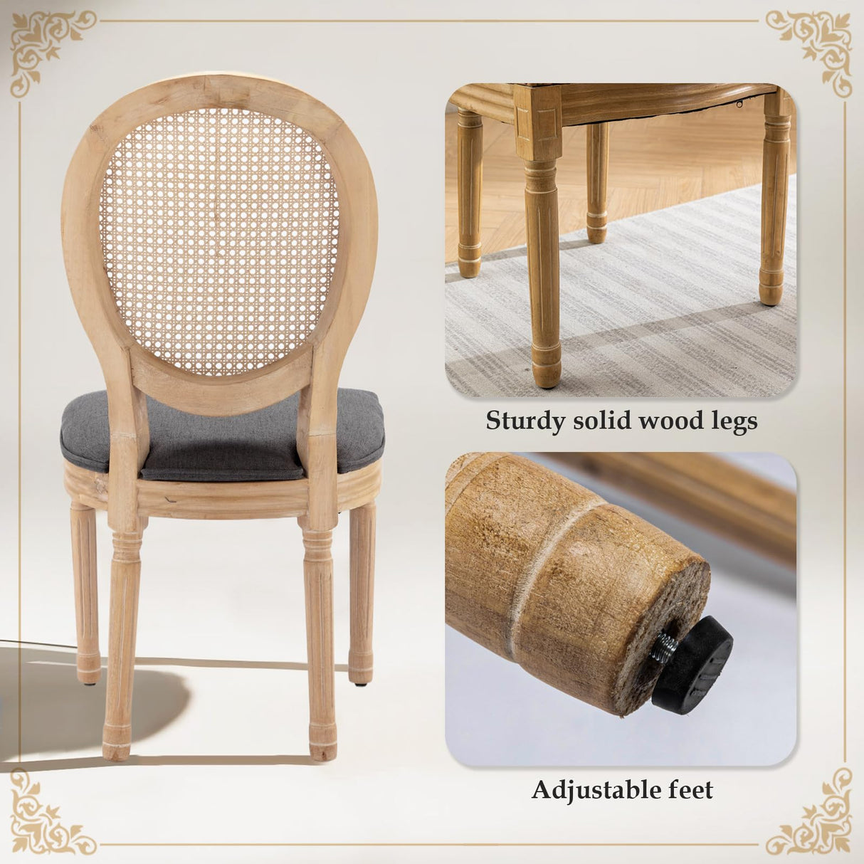 SoarFlash French Dining Chairs Set of 2, Vantage Dining Chair with Round Back, Wood Leg Farmhouse Country Rattan Dining Chair for Kitchen,Bedroom,Deep Grey SoarFlash