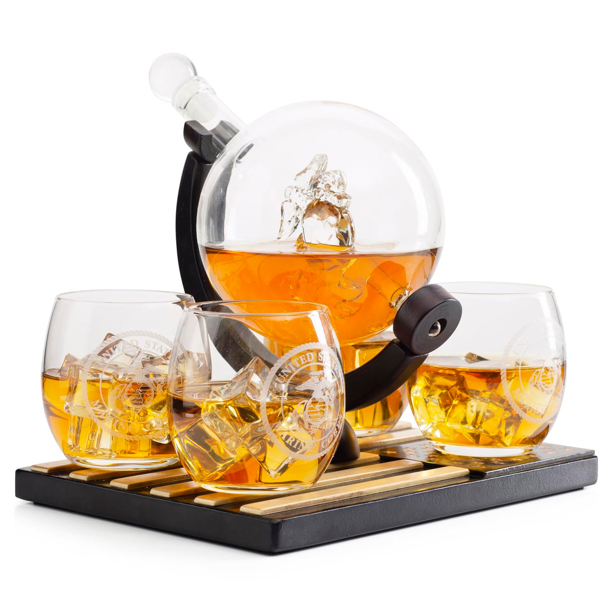 U.S. Marine Globe Whiskey Decanter Set with 4 Liquor Glasses - Wood Flag Base Marine Veteran Gift Set - Navy Gifts Men, Dad, U.S.A Flag - Bourbon & Scotch Military Gift for Father The Wine Savant