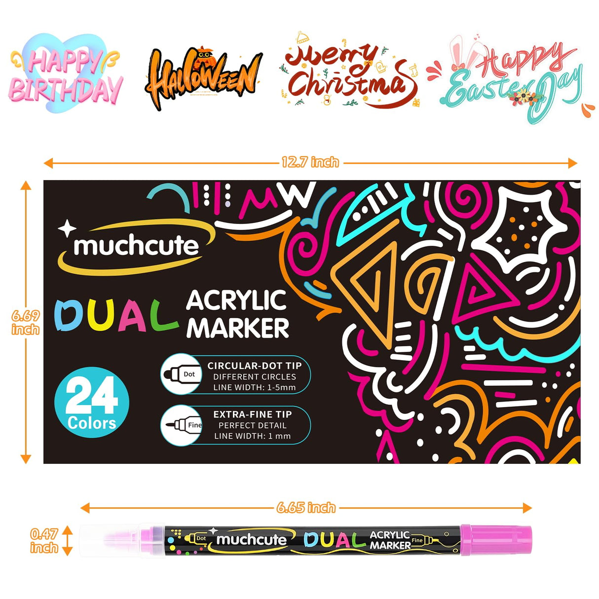 Acrylic Paint Pens Acrylic Paint Markers Set: 24 Dual Tip Acrylic Markers Wood Rock Painting Kit Wine Glass Fabric Permanent Clothes Plastic Canvas Ceramic Scrapbook Fine Gel Arts Crafts Supplies Kids Muchcute