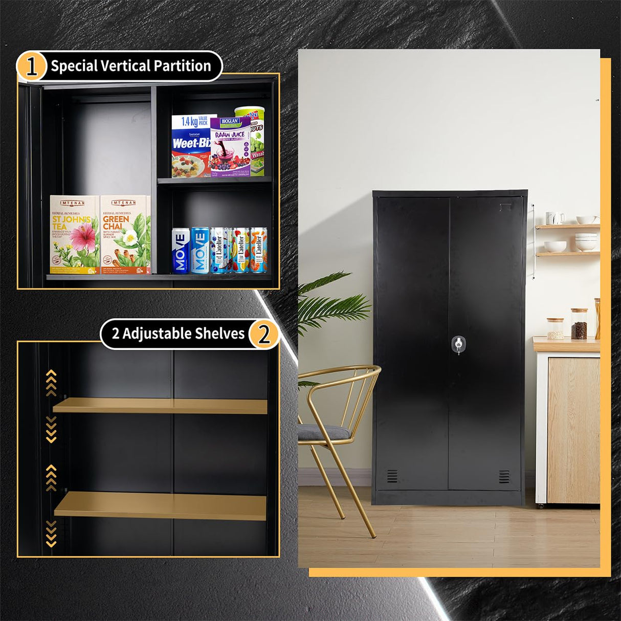 EazeHome Metal Garage Storage Cabinet, 72" Tall Steel File Cabinet with 2 Lockable Doors and Adjustable Shelves, Heavy Duty Tool Cabinet for Garages, Offices, Kitchens, Gyms, Black EazeHome