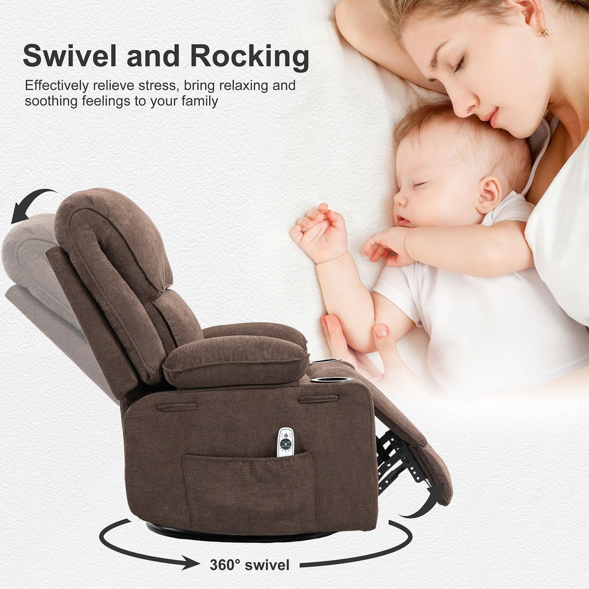 BRTHORY Rocker Recliner Chair with Massage and Heated, 360°Swivel Rocking Manual Recliner Chairs with Cup Holders Remote Control for Living Room (Brown) BRTHORY
