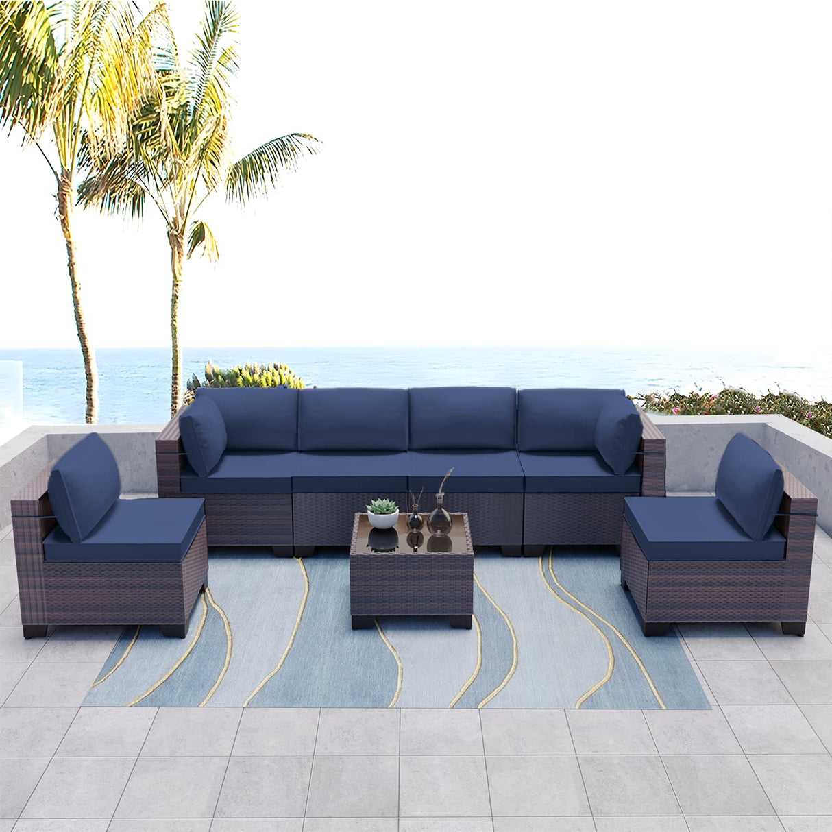 Kullavik 7 Pieces Outdoor Patio Furniture Set Sectional Rattan Sofa Brown Manual Wicker Patio Conversation Set with Navy Blue Cushions,1 Tempered Glass Tea Table and Cushions Covers Kullavik