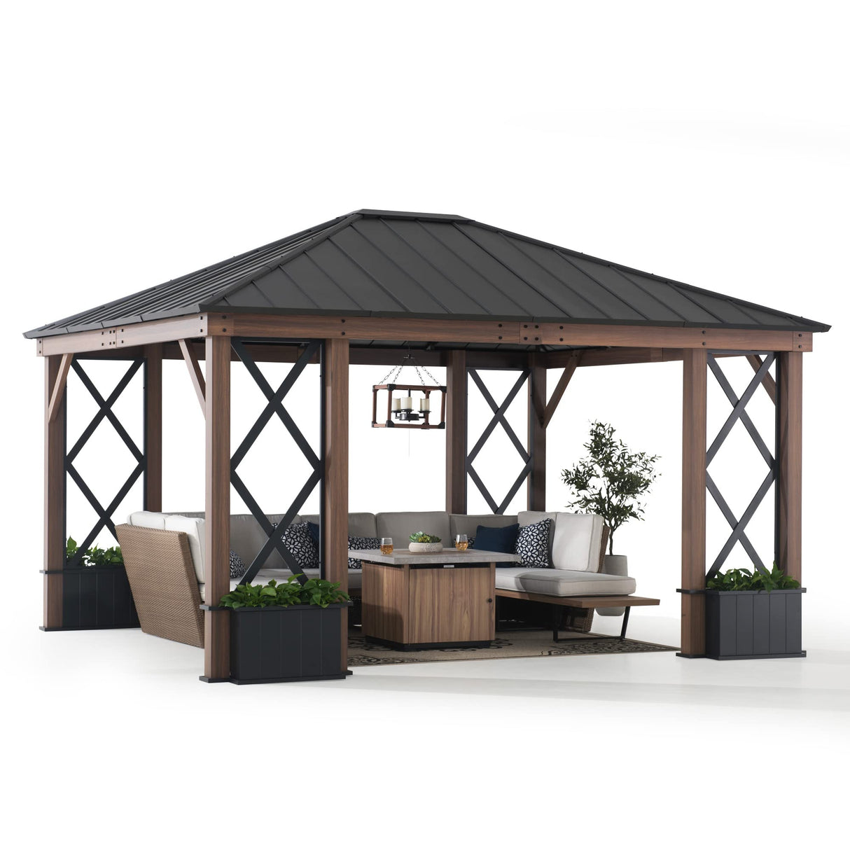 Sunjoy 13 ft. x 15 ft. Hardtop Gazebo, Outdoor Black Steel Roof Gazebo Aluminum Framed Gazebo with Planters and Ceiling Hook for Patio, Garden, and Backyard Activities by SummerCove SummerCove