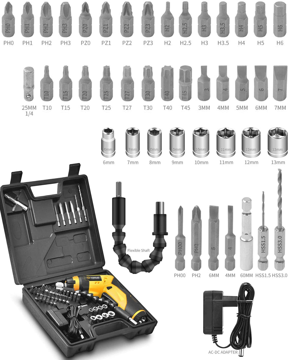 VIGRUE Cordless Screwdriver, Rechargeable Electric Screwdriver with 45 Free Accessories, Battery Indicator, 7 Torque Setting, 2 Position Handle with LED Light, Flexible Shaft VIGRUE