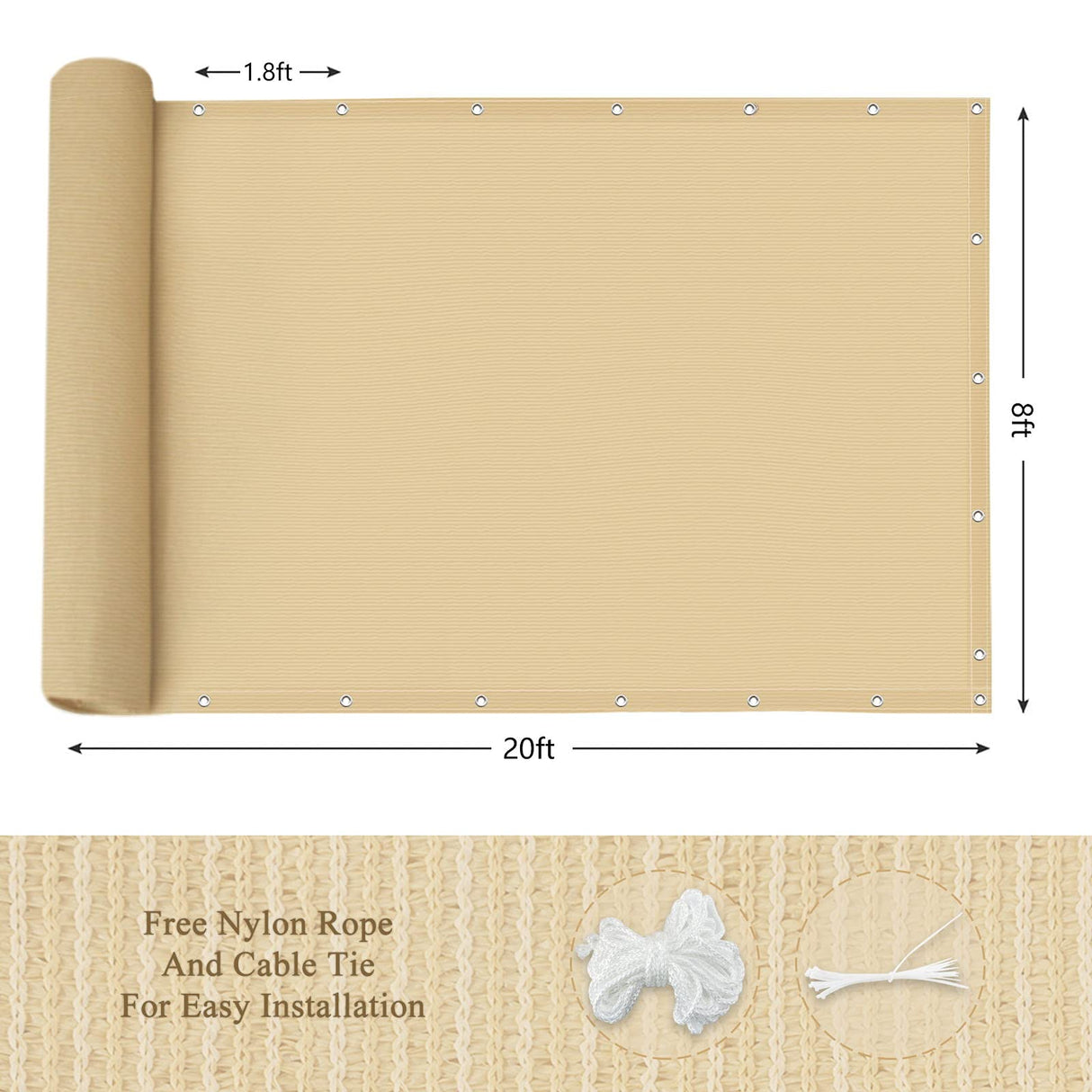 ABOSUN Outdoor Sun Shade Cloth, 8’ x 20’, Pergola, Deck, and Backyard Patio Sunshade with UV Protection, Heat Resistant HDPE Material, Reinforced Grommets (8x20 FT,Wheat) ABOSUN