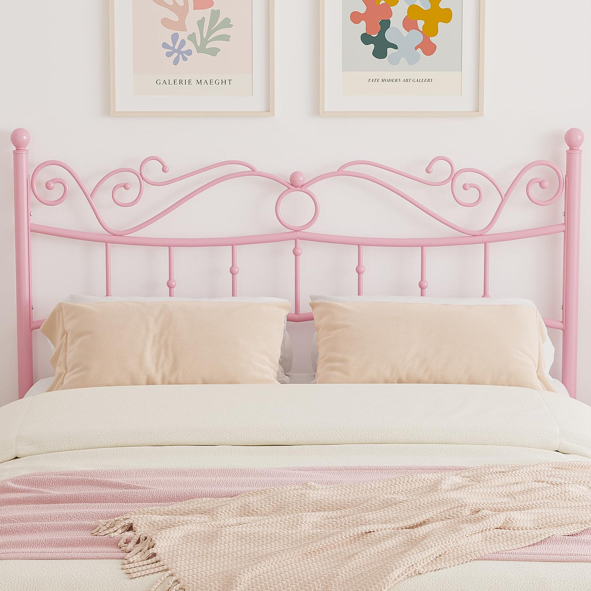 Merronix Full Size Bed Frame with Headboard, Elegant Metal Bed Frame Full for Girls, Modern Kids Full Bed Frame No Box Spring Needed, 11.2 Inches Height Clearance - Pink Merronix