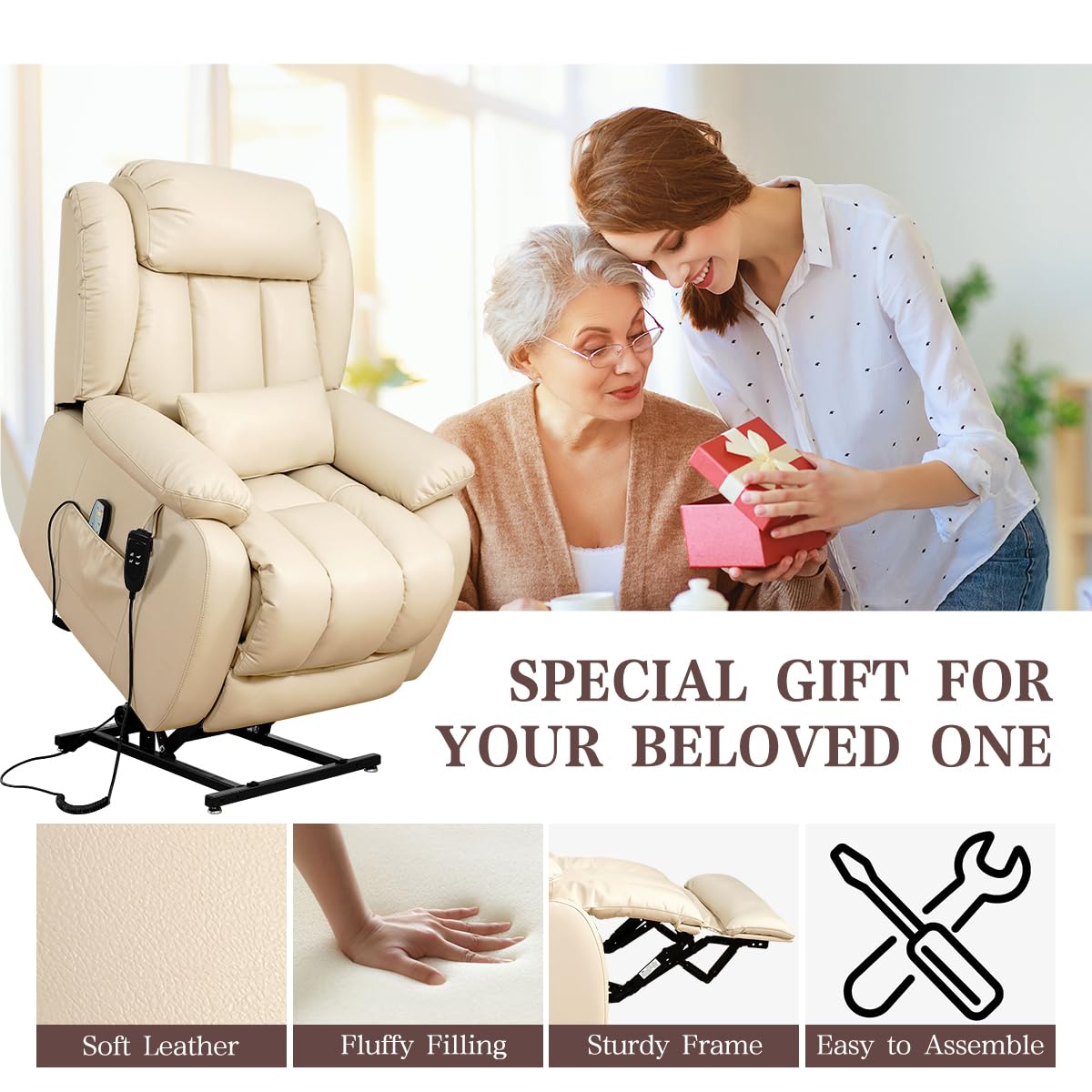Infinite Position Lay Flat Lift Recliner Chair for Adults, Dual Motor Power Lift Chair for Elderly with Massage & Heating, Extended Footrest, USB Ports, Remote Control & Lumbar Pillow, Leather (Cream) RESTREAL